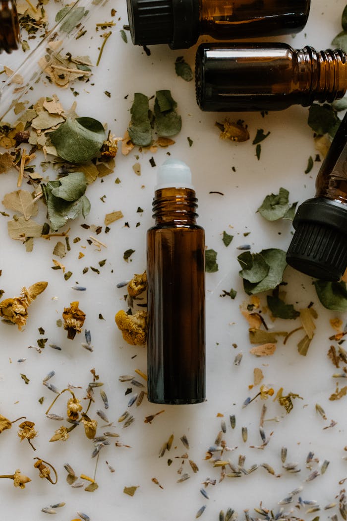 services-03 A flat lay of essential oil bottles surrounded by dried herbs, perfect for aromatherapy or natural remedy themes.